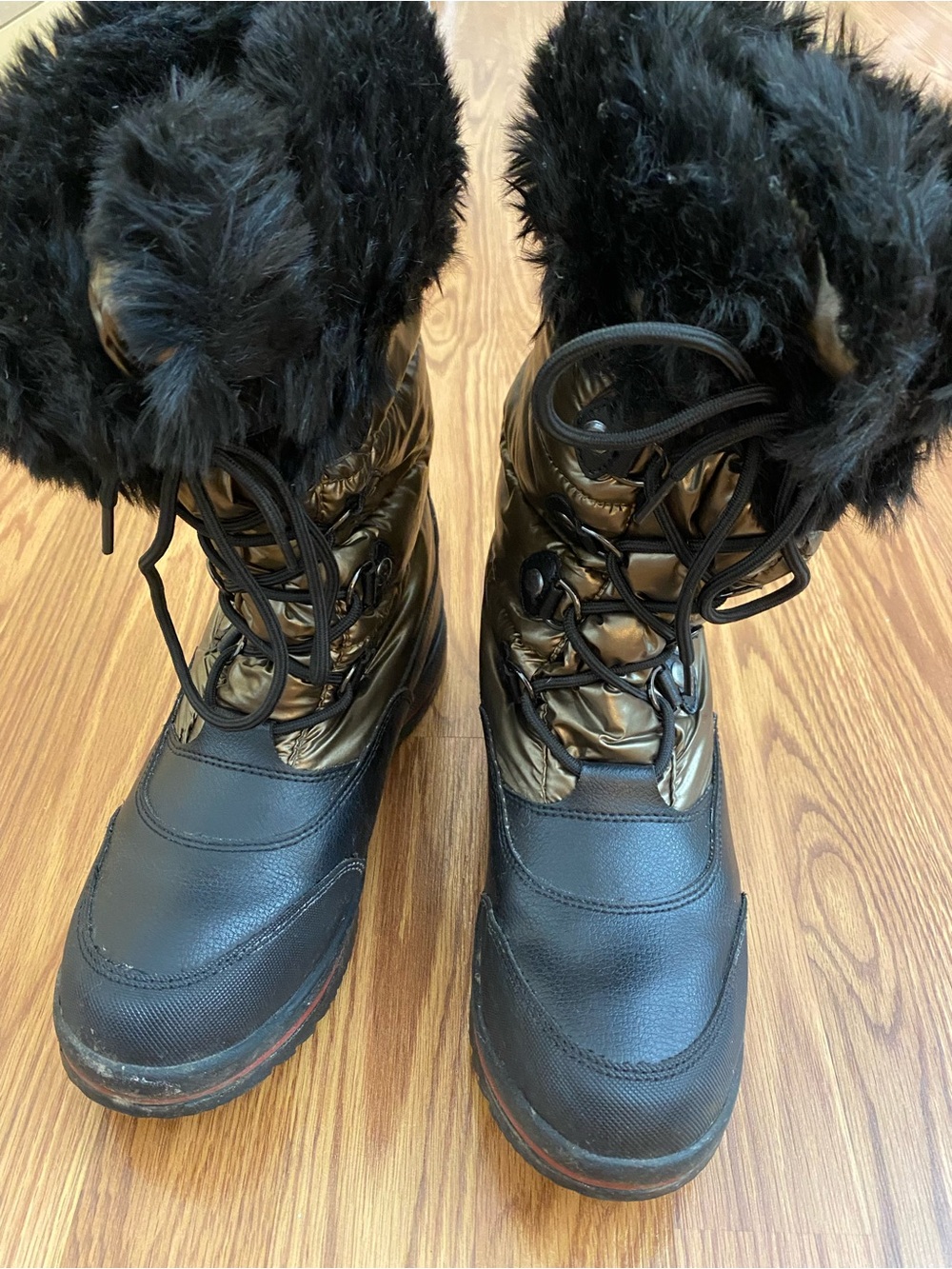 Cougar Black Faux Fur-Trim Winter Lace-Up Boots with Bronze Accents